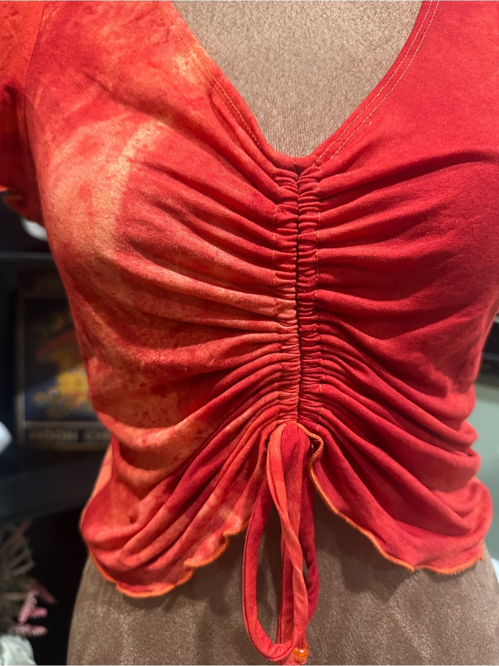 Evolution Fire Red & Orange Ruched Rave Top – Size Small - Picture 3 of 9
